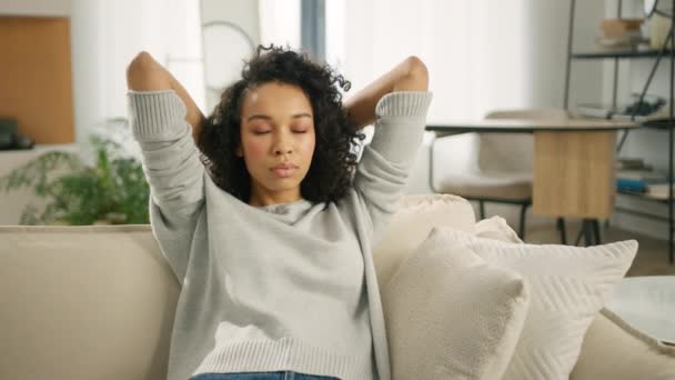 Calm Young Woman Color Relaxing Couch Closed Eyes Hands Stretching — Stock Video
