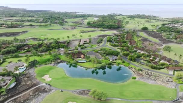 緑のゴルフコースに住んでいる豊かな人々 エキゾチックなビッグアイランド ハワイ島 太平洋上の高価な不動産の風景ドローン航空機 アメリカの夏の観光や休暇旅行のコンセプトを借りる — ストック動画