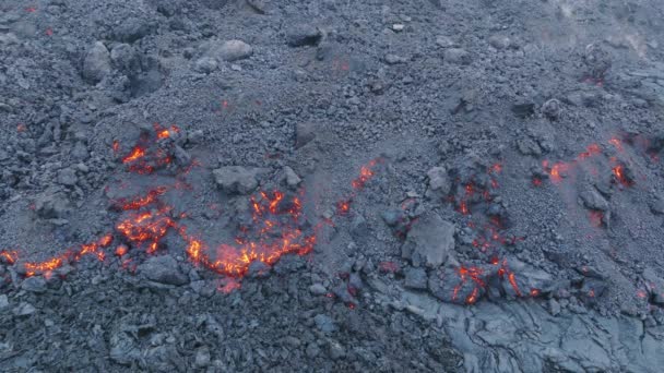 Dramatic Aerial Shot Drone Red Hot Lava Flowing Freezing Smoke — Stock Video