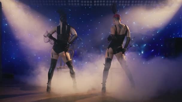 滑稽戏 歌舞表演慢动作 性感身材的女人穿着性感内衣腰部 袜子和吊带裤 漂亮的性感女孩穿着内衣在镜头前摆姿势 — 图库视频影像