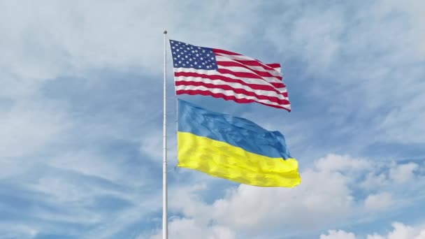 Текстове Тло Дихає Повітрям Американських Українських Прапорів Мерехтять Блакитному Небі — стокове відео