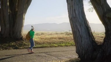 Kırmızı kamera, altın gün doğumunda selvi ağacının yanından geçen kadına paralel hareket ediyor. Parallaks etkisi, doğanın macera konsepti Yavaş çekim üzerinde. Mutlu sırt çantalı kız doğa yürüyüşü yapıyor.