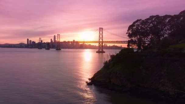 Drone Flying Yerba Buena Island San Francisco Downtown Cinematic Golden — Stock Video