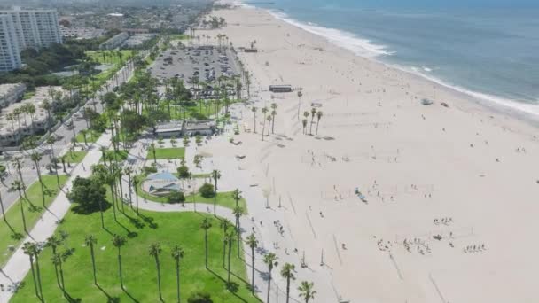 Filmová Koncepce Plážových Sportů Písečném Pozadí Pláže Santa Monica Atletičtí — Stock video