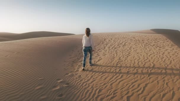 Pemandangan Kembali Pelancong Wanita Muda Berjalan Dengan Pemandangan Alam Sinematik — Stok Video
