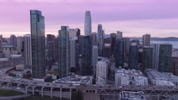 Aerial Shot Futuristic San Francisco Business Center Gentle Sunset San — Stock Video