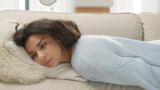 Tired Latin Girl Lying Asleep Feeling Out Energy Motivation Exhausted — Stock Video