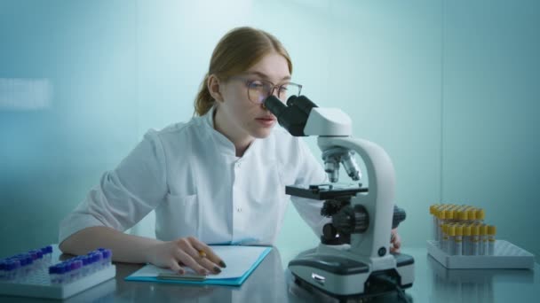 Retrato Caucásico Joven Científica Gafas Lectura Mirar Microscopio Con Expresión — Vídeos de Stock