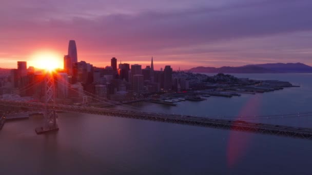 Wieżowce Centrum Sesja Lotnicza San Francisco City Złotej Godzinie Różowymi — Wideo stockowe