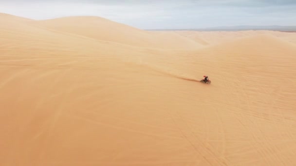 砂漠の砂丘をオフロードダートバイカー 人間と極端なスポーツの空中ビュードローンショットの背後にある風光明媚な砂の塵と砂丘で速く乗っている 砂の砂丘で熟練したモトクロスライダードライブ — ストック動画