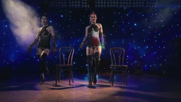 Sexy Female Burlesque Dancers Seducing Client Erotic Dance Theater Stage — Stock Video