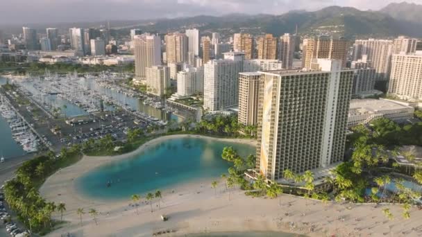 Scénická Waikiki Pláž Panorama Panorama Letecký Pohled Oahu Při Západu — Stock video