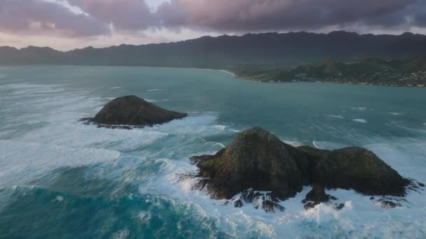 ツインモクルア島Lanikaiビーチの隣にあります カイルア湾ラグーン カイルア町 オアフ島 熱帯の島で人気の観光地 コピースペース付きのシネマティックな夏休みの背景 Usa Drone Hawaii — ストック動画
