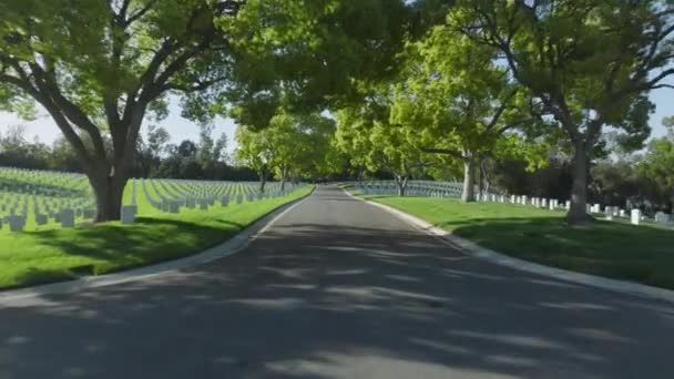 Drohne Fliegt Schnell Über Die Straße Friedhofspark Kalifornien Vereinigte Staaten — Stockvideo