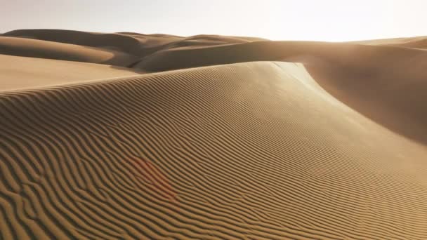 Gün Batımında Dalgalı Kum Tepelerinin Tepesinde Parlak Altın Kum Çöl — Stok video