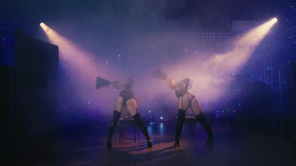 커튼이 카바레 무대에서 연기가 스포트라이트씬 공연하는 여성들 이벤트 란제리와 왕관을 — 비디오