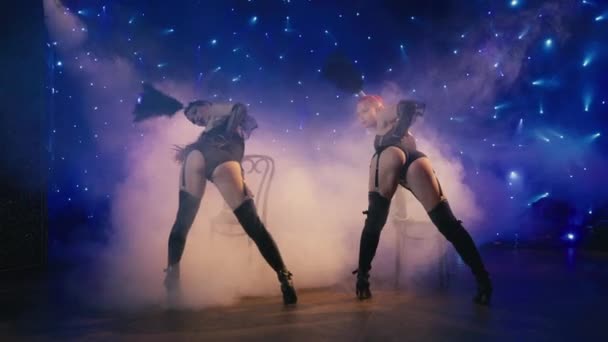 Filmreife Kreative Aufnahmen Hinreißender Showgirls Die Dichtem Rauch Mit Scheinwerfern — Stockvideo