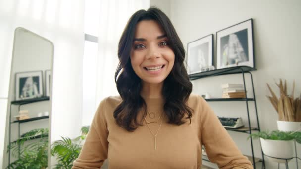 Web Camera Portrait View Beautiful Hispanic Female Vlogger Recording Video — Stock Video