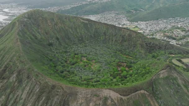 高子頭火口の上からの眺め 4Kドローンはオアフ島を撮影ハワイアメリカ 曇りの日にハワイ島の風景自然 壮大な緑の火山噴火口の尾根 緑の熱帯ジャングルの空中の古い火山噴火口 — ストック動画