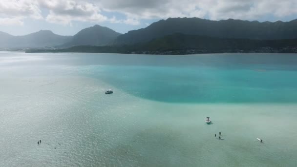 ハワイ島の夏休み 夏休みの間 ハワイのパラダイス4Kでウォータースポーツを楽しむ人々 澄んだ青い水と緑の山々の風景を背景にしたシネマティックな空中風景 — ストック動画
