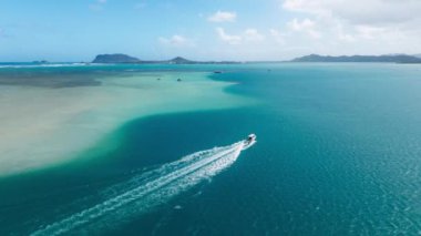 İnsanlar su sporlarını seviyor. Sığ sularda yüzen turistik katamaran. Açık mavi sulara ve arka planda tropik ada manzarasına sahip sinematik deniz manzarası. Hawaii 'de yaz tatili