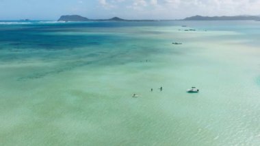 İnsanlar yaz tatili boyunca Hawaii 4K 'de su sporlarından zevk alıyorlar. Arka planda açık mavi suyu ve yeşil dağları olan sinematik deniz manzarası. Hawaii adasında yaz tatili