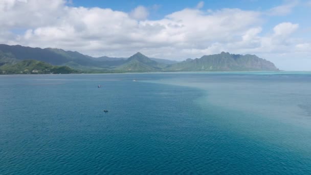 ダイビング活動のためのサンゴ礁と浅い海の上のドローンビュー 澄んだ青い水と背景に緑の山々の風景とのシネマティックな空中風景 ハワイ島での夏休み — ストック動画