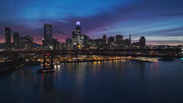 Establishing Aerial View San Francisco City Skyline Night Skyscrapers Waterfront — Stock Video