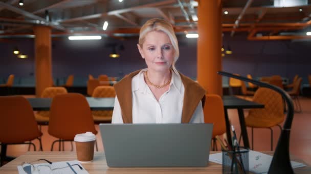 Tired Mature Business Woman Lawyer Wearing Eyeglasses Working Looking Laptop — Stock Video