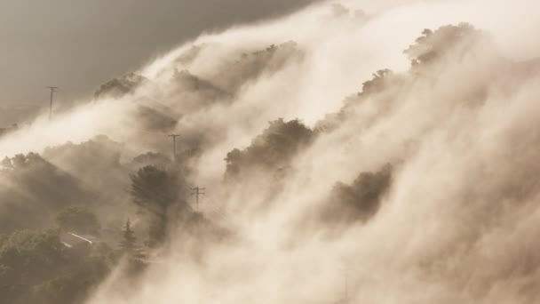 Aerial Skott Tid Förfaller Kalifornien Soluppgång Över Dimmig Skog Bergstoppen — Stockvideo