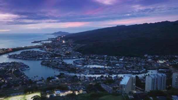 Havajské Chaty Ostrově Oahu Honolulu Předměstský Letecký Pohled Filmovém Fialovém — Stock video