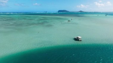 İnsanlar yaz tatili cenneti Hawaii 4K 'da şnorkelle yüzmeyi ve su sporlarını seviyorlar. Kaneohe Körfezi 'ndeki mercan resiflerinde berrak mavi suyu olan sinematik deniz manzarası. Hawaii adasında yaz tatili