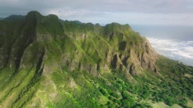 Oahu Hawaii USA tropikal adasının saf doğasını gezmek. Dünyaca ünlü sahil şeridinin sinematik hava manzarası. Açık hava macerası yaz seyahati 4K tatil. Sahildeki kayalık doğa arka planı