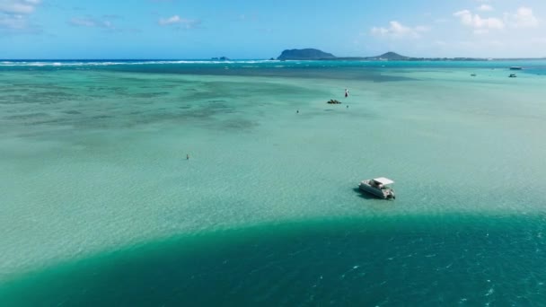 夏休みのパラダイスハワイ4Kでシュノーケリングやウォータースポーツを楽しむ人々 カネオヘ湾のサンゴ礁で澄んだ青い水で撮影された空中風景 ハワイ島での夏休み — ストック動画
