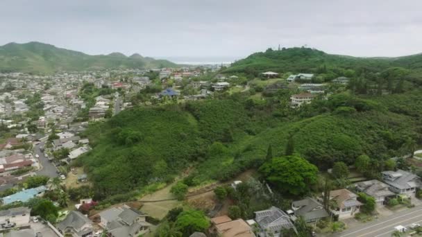 熱帯性の島の都市の背景には 熱帯のフラッシュの緑の家 美しい山の風景 ハワイ島オアフ島の風上海岸にあるカイルア村の町の小さなビーチコテージの空中ビュー — ストック動画