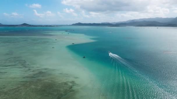 Krajobraz Morski Jasnoniebieską Wodą Płytkich Wyspach Zatoce Kaneohe Wakacyjne Tło — Wideo stockowe