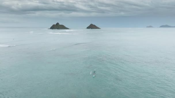 Vista Aérea Del Dron Siguiendo Kayaks Tradicional Canoa Polinesia Remando — Vídeos de Stock