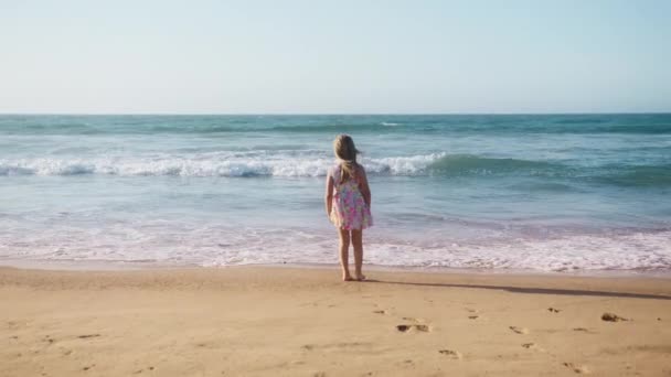 夏の暖かい晴れた日に海の海岸で遊んでいる女の子の子供 コピーバックでスローモーションで夏休みのコンセプト 幸せな家族 夢の子供のコンセプト4K 子供女の子楽しんでいますで砂浜 — ストック動画