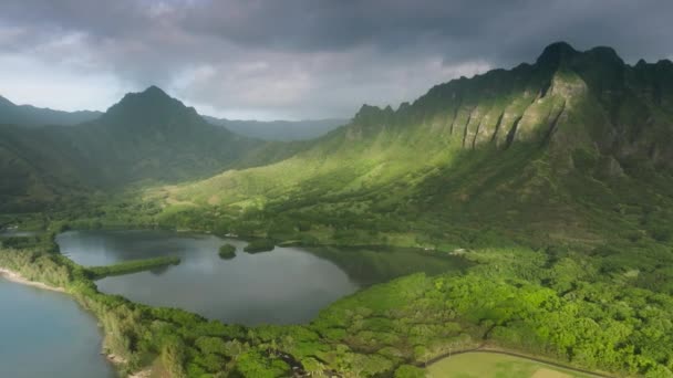 Jurassic Világ Érintetlen Természet Oahu Sziget Hawaii Szcenírozott Zöld Hegygerinc — Stock videók