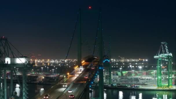 Overhead View Cars Driving Suspension Bridge Night Port Los Angeles — Stock Video
