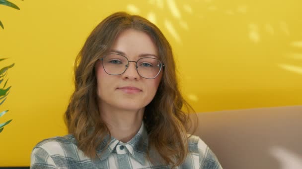 Portrait Young Woman Posing Camera Smart Student Wearing Eyeglasses Pretty — Stock Video