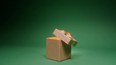 Zarif, pırıl pırıl, kapağı açık ve içi aydınlık altın bir hediye kutusu olan büyülü bir gece arkaplanı. Yeşil zemin üzerinde noel sahnesi, kopyalama alanı yavaş çekim kırmızı kamera. Mutlu Noeller, 2024