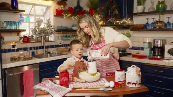 Kerstavond Feest Rood Alleenstaande Moeder Die Zoontje Leert Koken Tijdens — Stockvideo