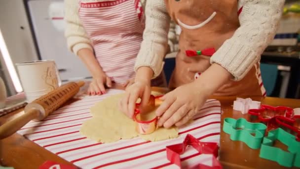近距离观察儿童手工制作姜饼人形状的曲奇 圣诞节和新年的概念 快乐的孩子和妈妈一起学习如何为家庭圣诞前夜的晚餐做糕点 — 图库视频影像