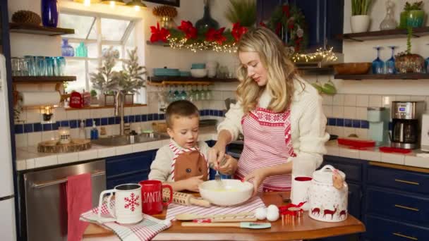 Mãe Solteira Ensinando Filho Cozinhar Durante Férias Inverno Mulher Loira — Vídeo de Stock