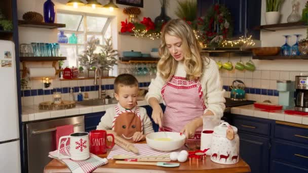 赤いエプロンの美しい若い金髪の女性は クリスマスの休日に飾られた木製のキャビンキッチンで彼女の小さな男の子と料理します キッチン4Kで母親を助ける笑顔モデルと愛らしいかわいい幼児の子供 — ストック動画