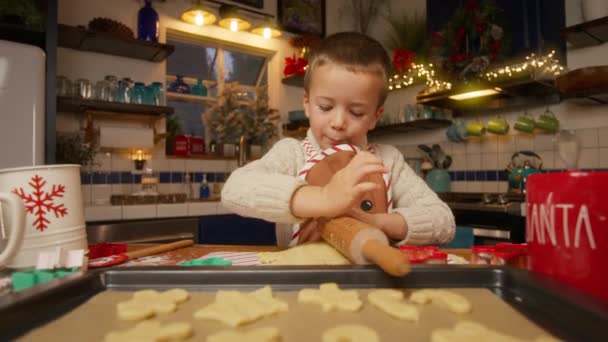 Cute Little Boy Making Gingerbread Cookies Using Rolling Pin Christmas — Stock Video