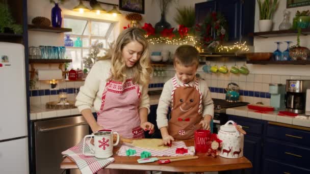 크리스마스 아침에 부엌에서 여자의 시네마틱 카메라 쿠키를 소년과 크리스마스 슬로우 — 비디오