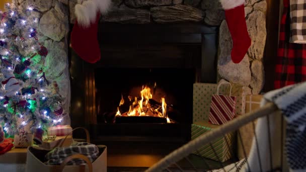 电影镜头与塑料假圣诞树装饰发光的光环和礼物在萤火虫附近的舒适小屋燃烧的树林 背景拍摄红外摄像机 圣诞节背景移动内容 — 图库视频影像