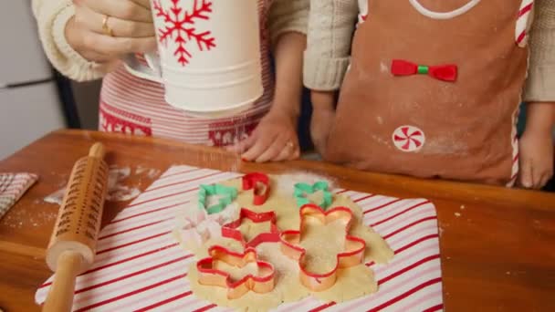 スローモーションでキッチンでジンジャーブレッドクッキーに粉を振る女性と息子のクローズアップ お祝いの形のクッキーのために生地を調理するクリスマスのエプロンの母と少年 一緒に過ごす家族の時間 — ストック動画